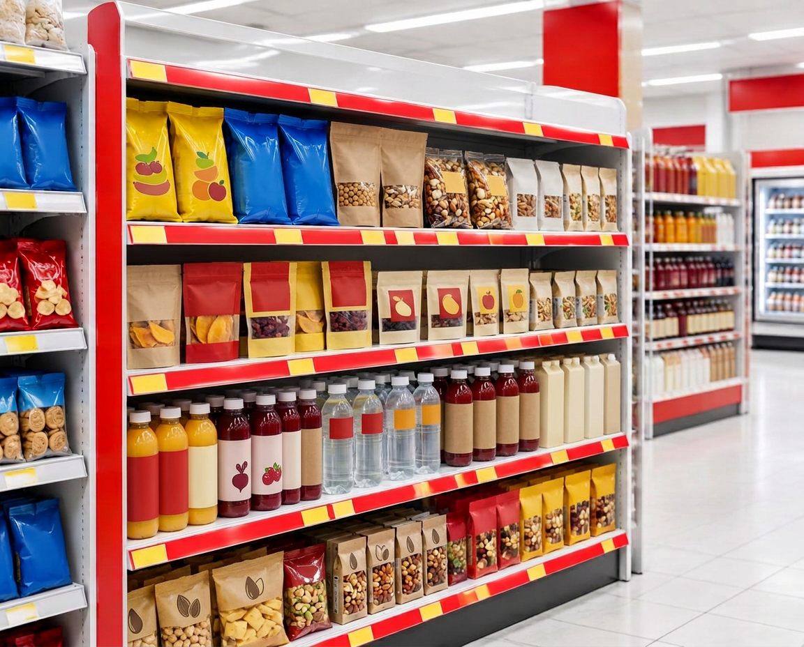 En dedikerad hylla med nya produkter – drycker, snacks, såser och choklad – i en modern svensk matbutik